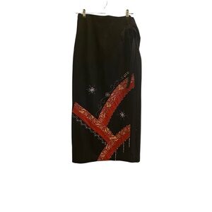 Women’s Black Linen Vintage True Wrap Boho Hippie Skirt w Embellishments Sz M
